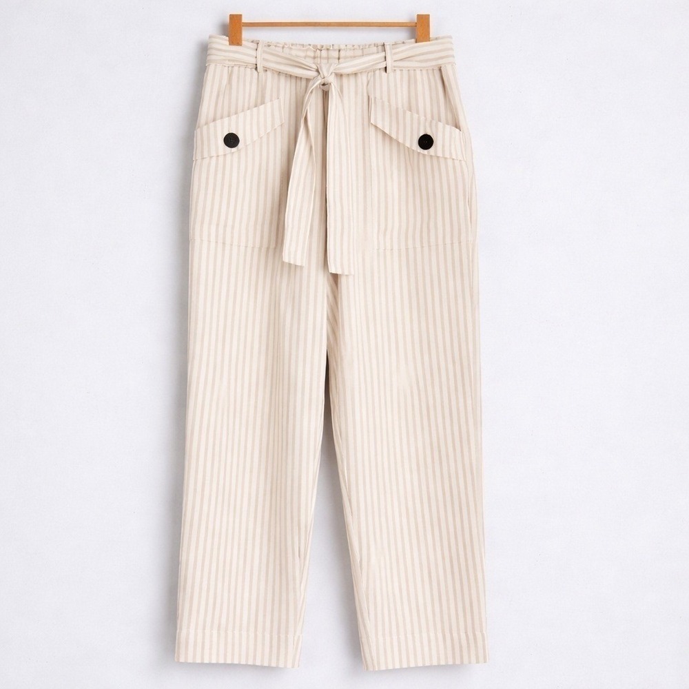 Ann Taylor NEW Ivory Stripe Belted Linen Drapey Cargo Ankle Pants SZ 8 Coastal